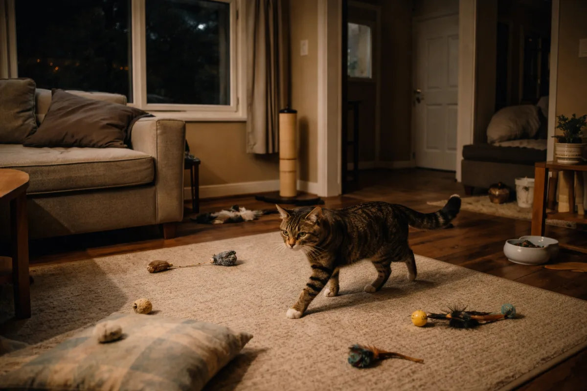 Cat awake at night in a quiet home