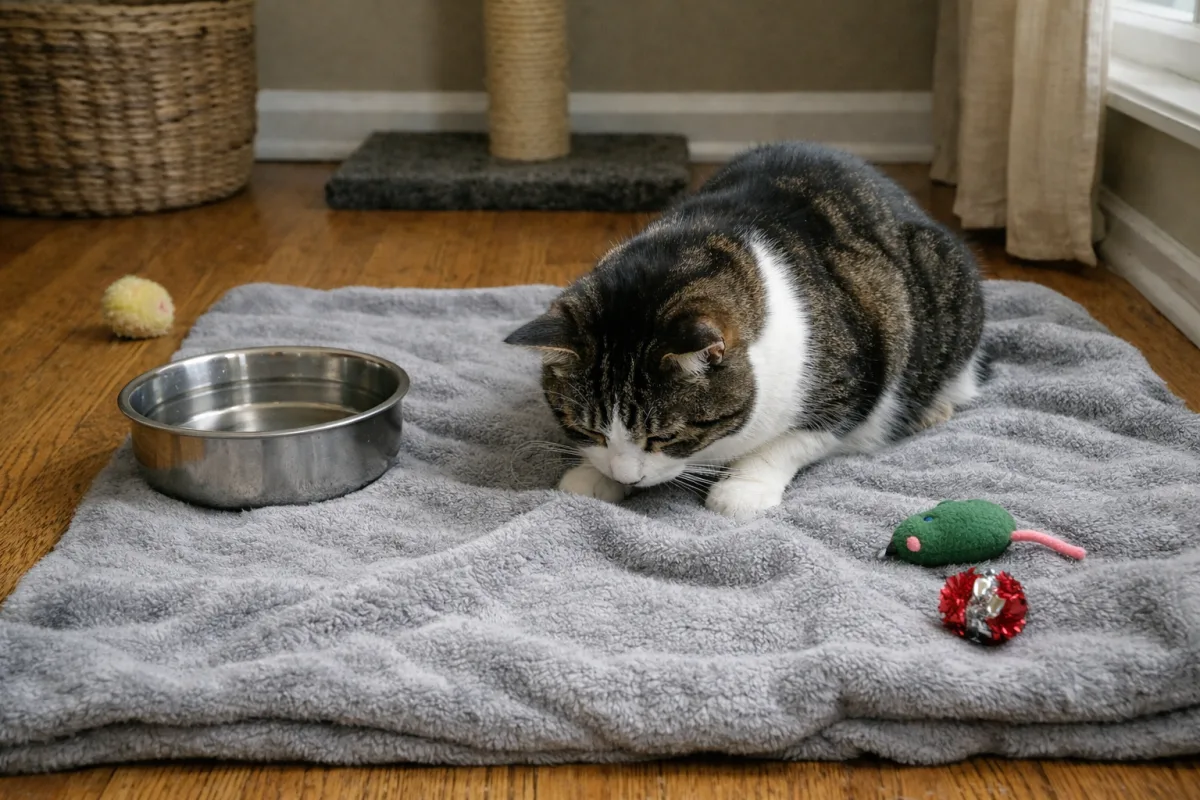 Cat fixated on a blanket and water bowl