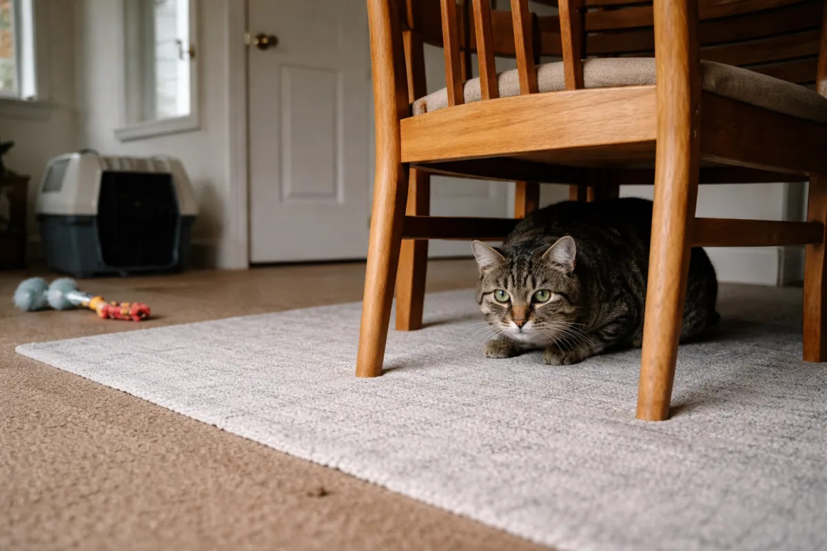 Anxious cat hiding under a chair