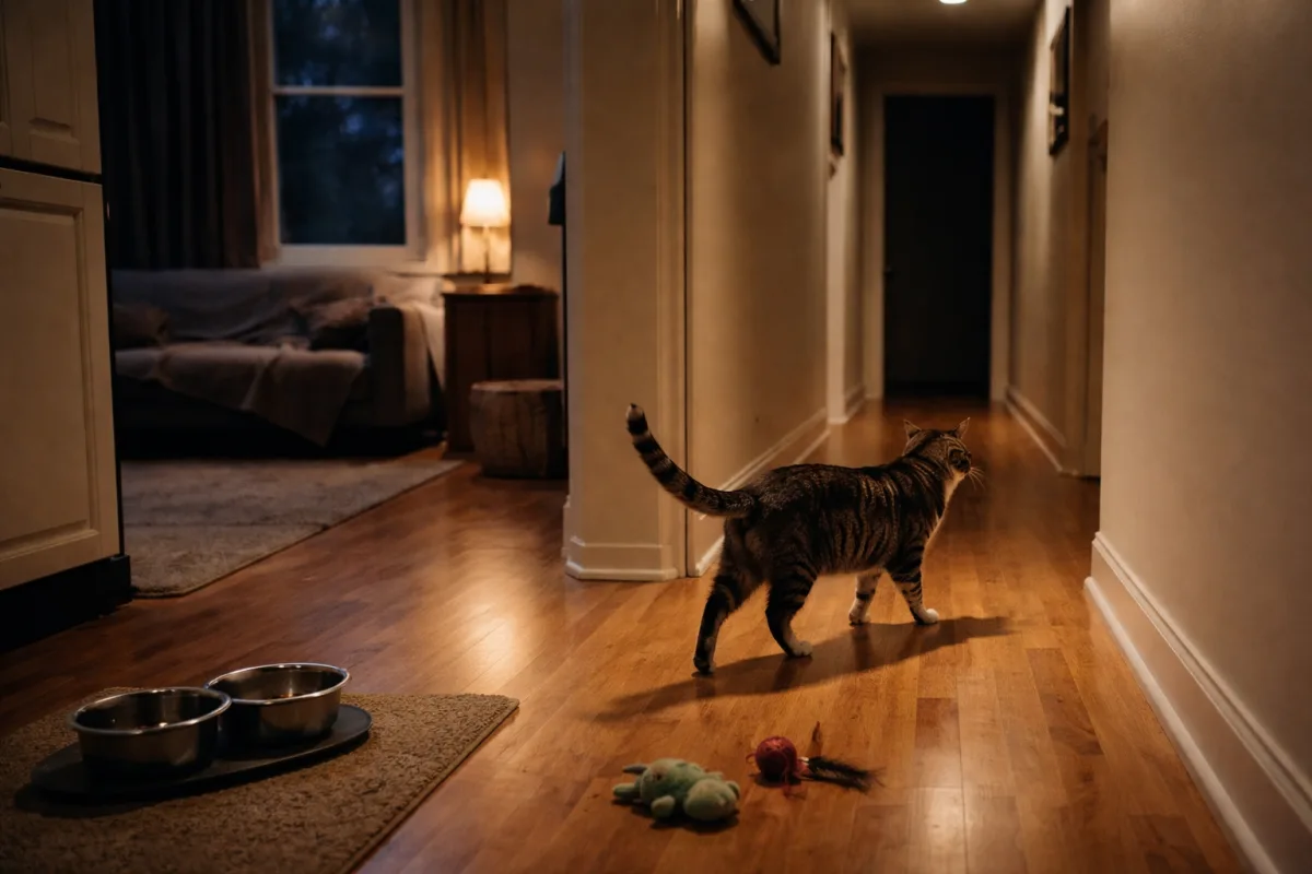 Restless cat pacing near a window at night