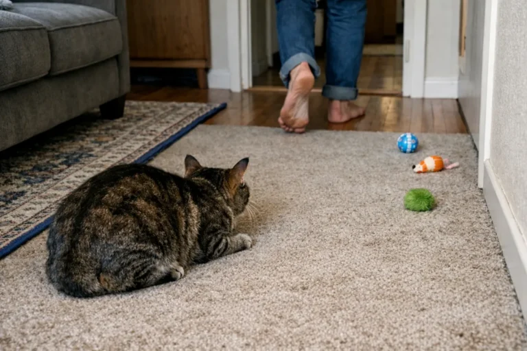 Cat stalking moving feet near a hallway