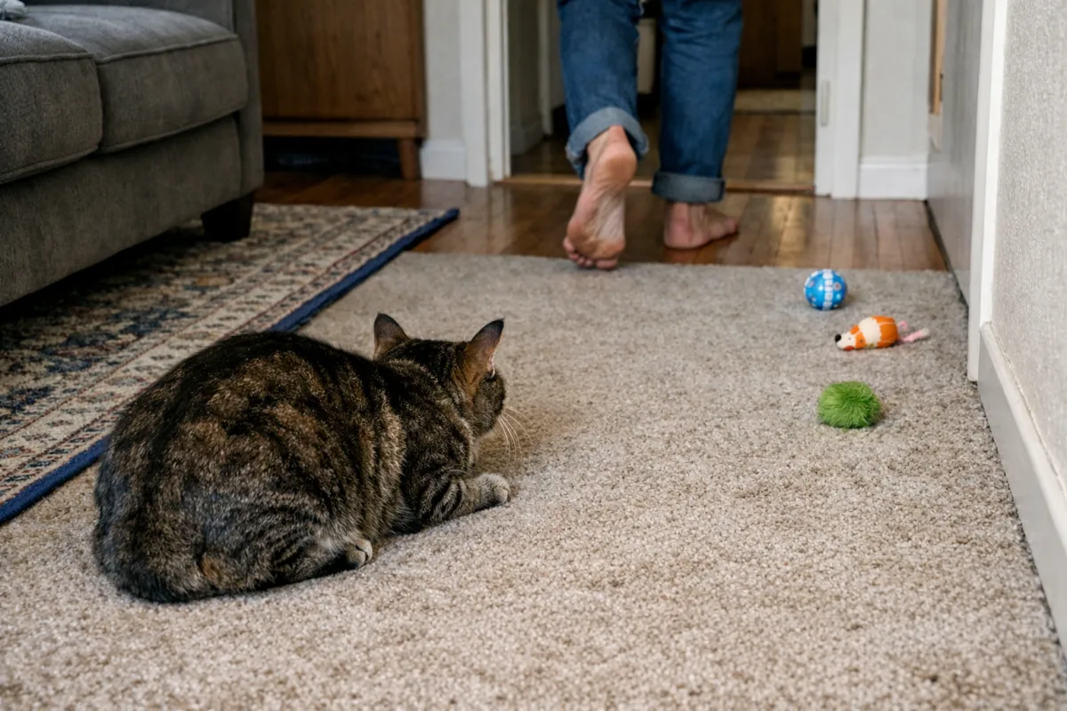 Cat stalking moving feet near a hallway