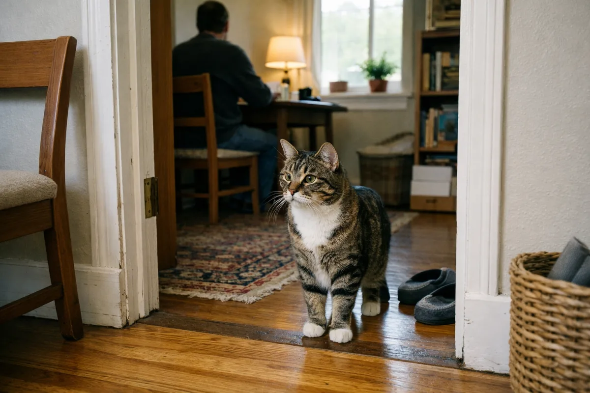 Cat watching its owner from a doorway