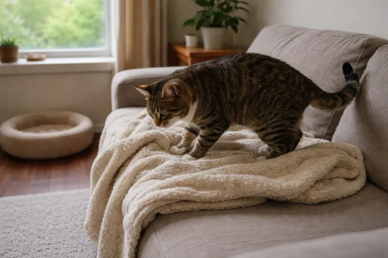 Cat circling before settling on a blanket