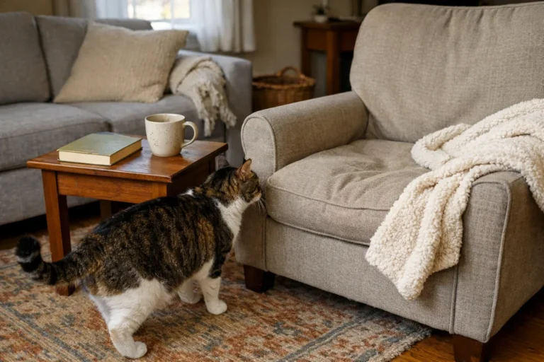 Cat approaching a seated person on a sofa