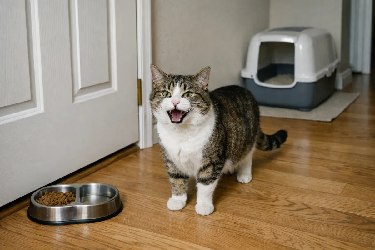 Cat meowing alone near a quiet doorway