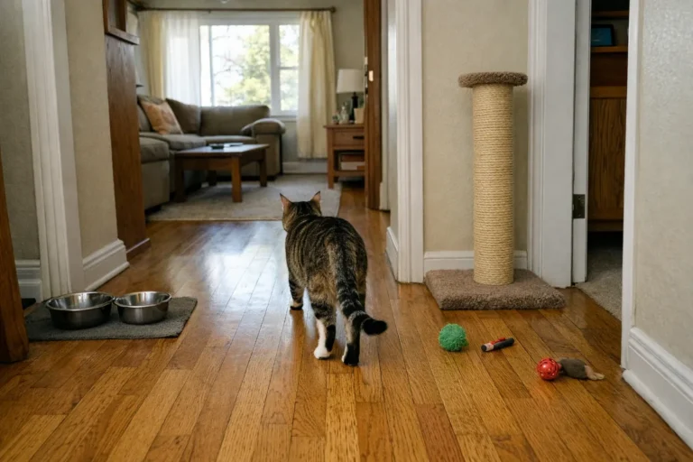 Cat calmly walking through a home hallway