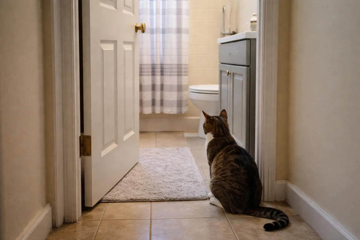 Cat waiting outside a bathroom door