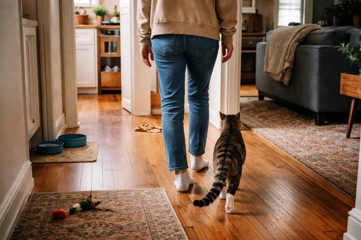 Cat following owner through the house
