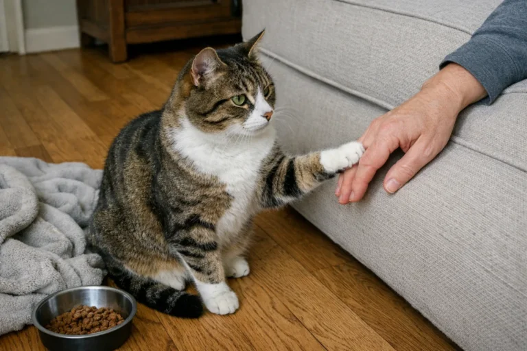 Cat gently tapping a hand with one paw