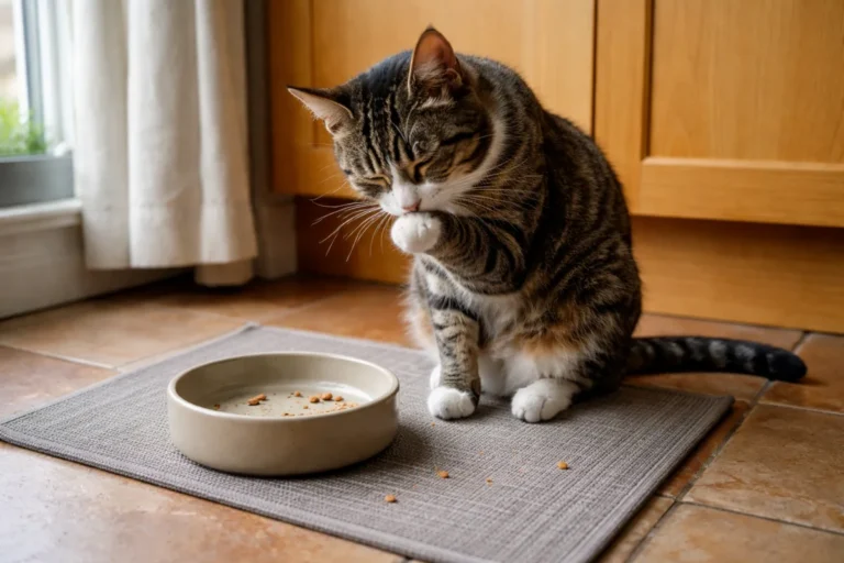 Cat grooming after a meal