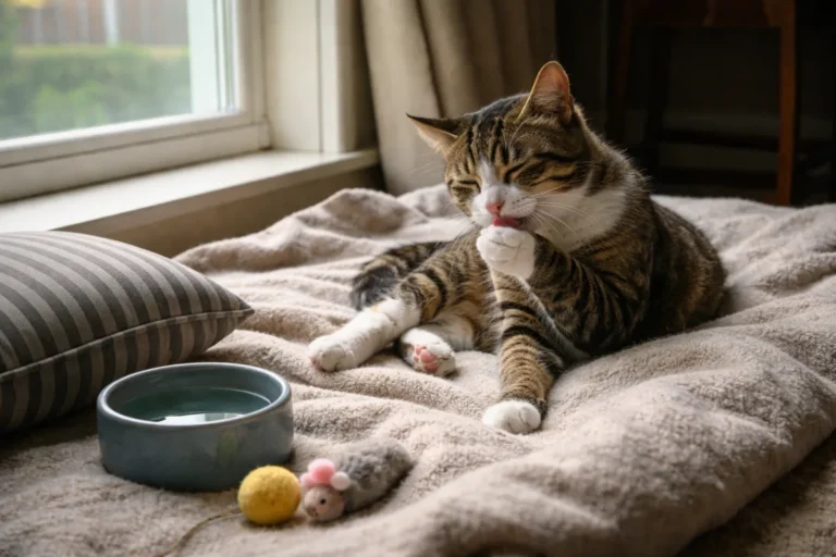 Cat grooming after a nap