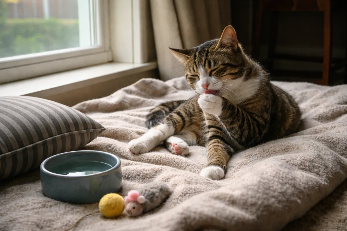 Cat grooming after a nap