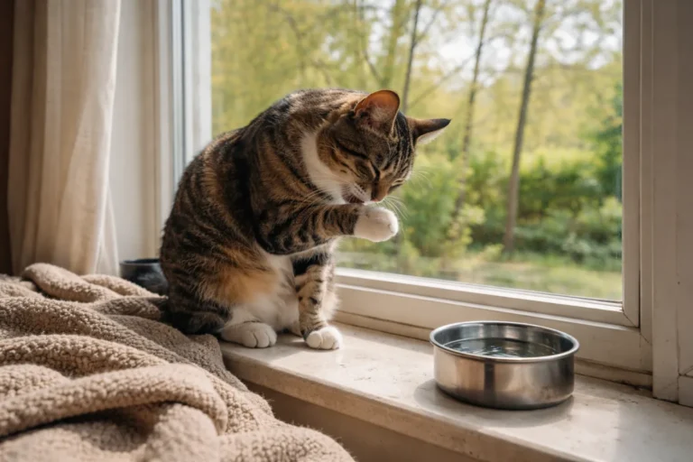 Cat grooming itself on a windowsill