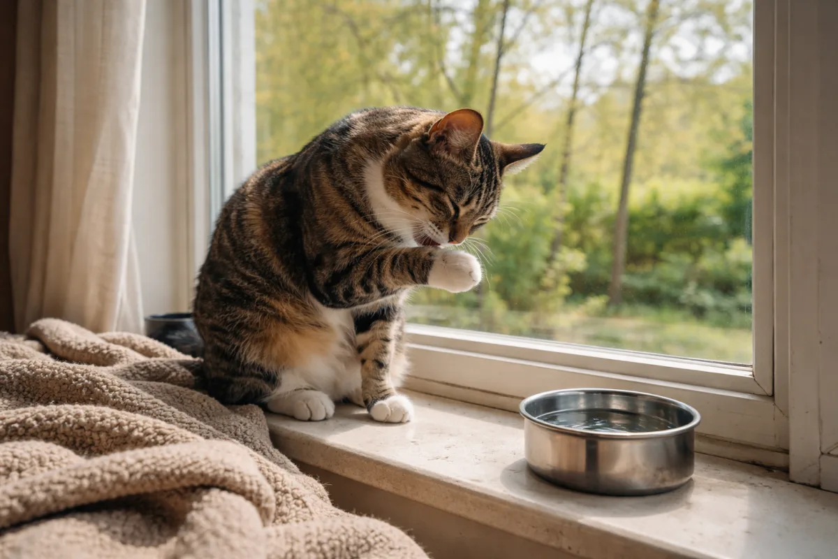 Cat grooming itself on a windowsill