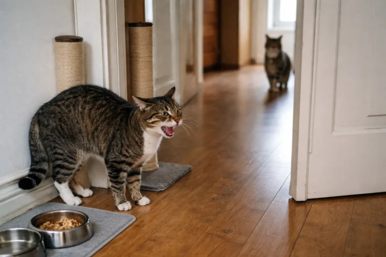 Cat hissing with tense body near doorway