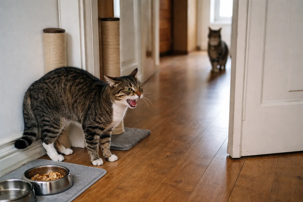 Cat hissing with tense body near doorway