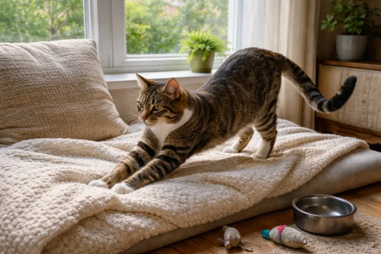 Cat switching positions on a soft blanket