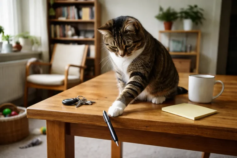 Cat pawing objects off a table
