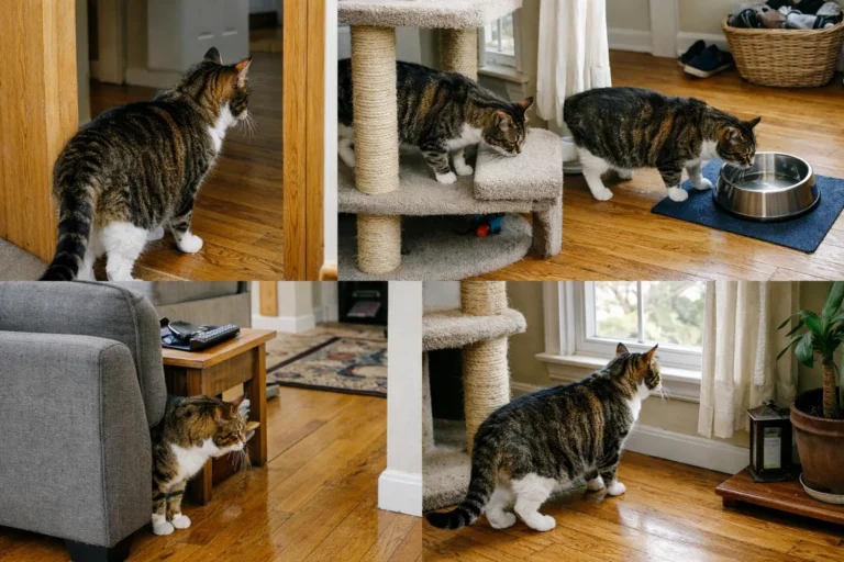 Cat walking through a home and checking corners