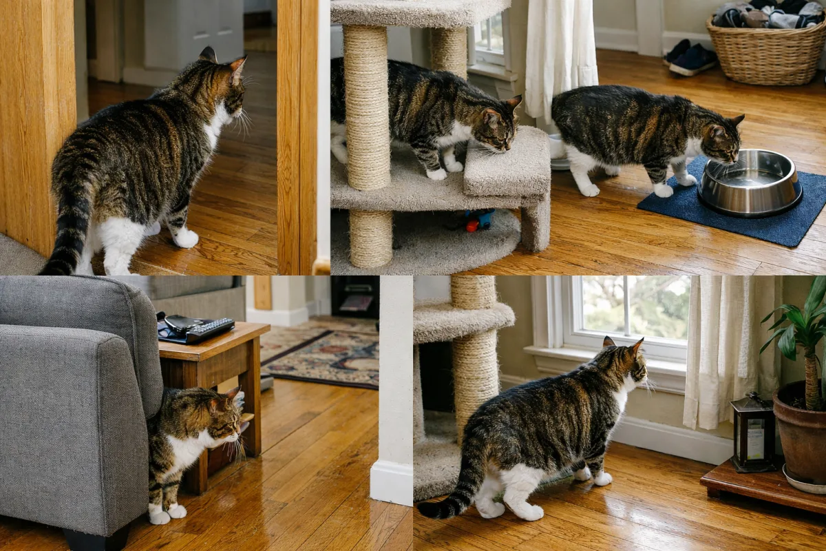 Cat walking through a home and checking corners