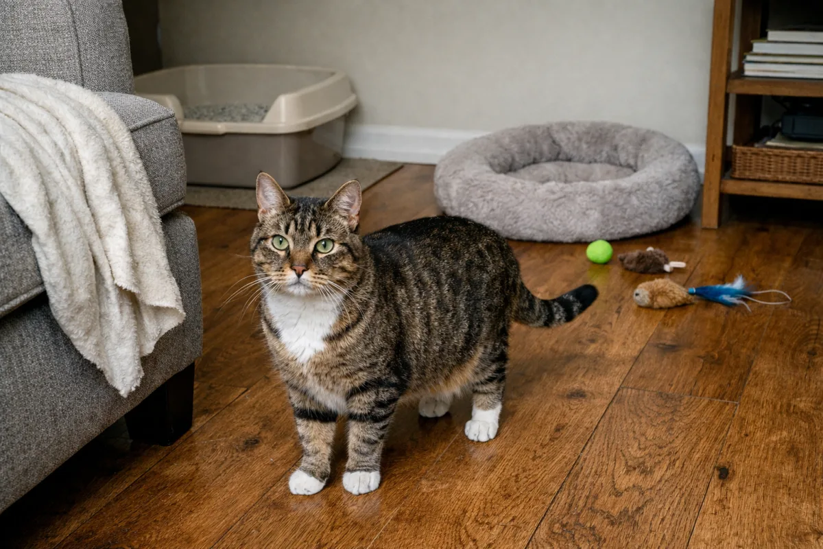 Cat near a sofa with a litter box nearby