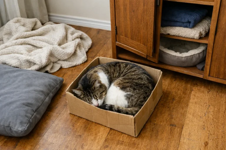 Cat resting inside a cozy enclosed box