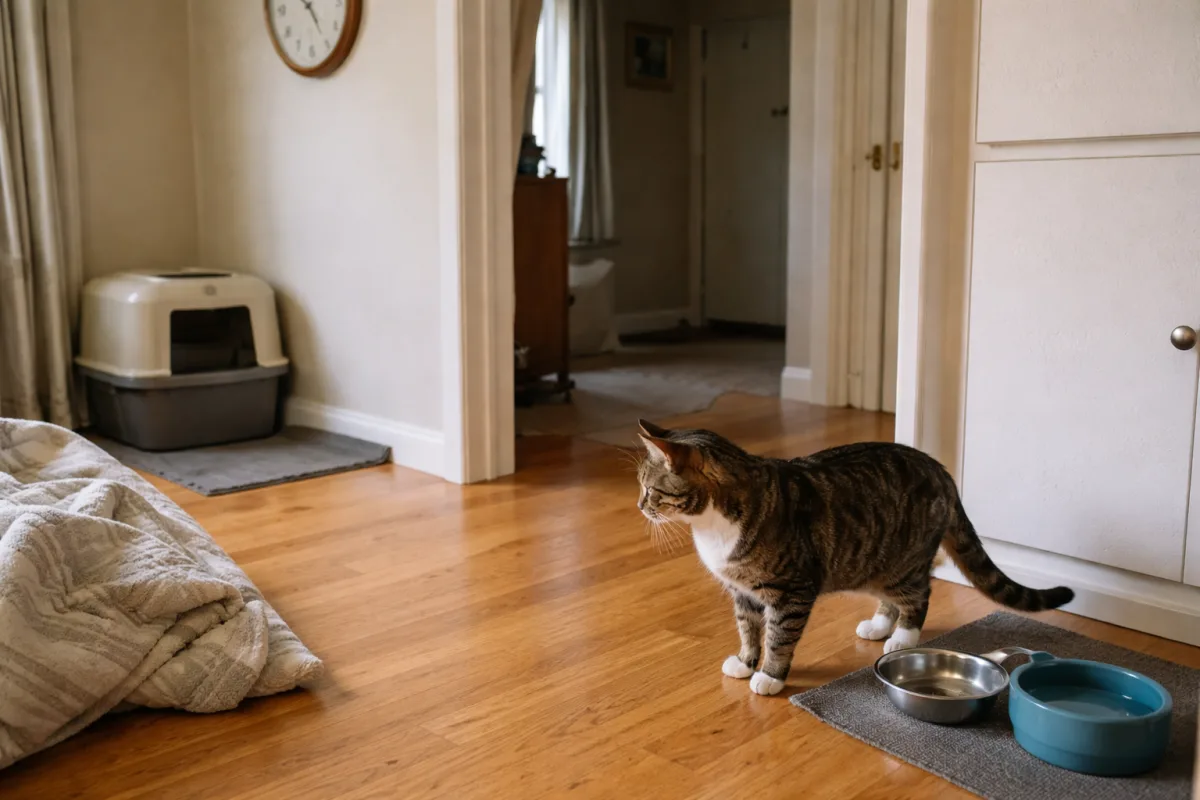 Cat watching an empty food bowl near a doorway