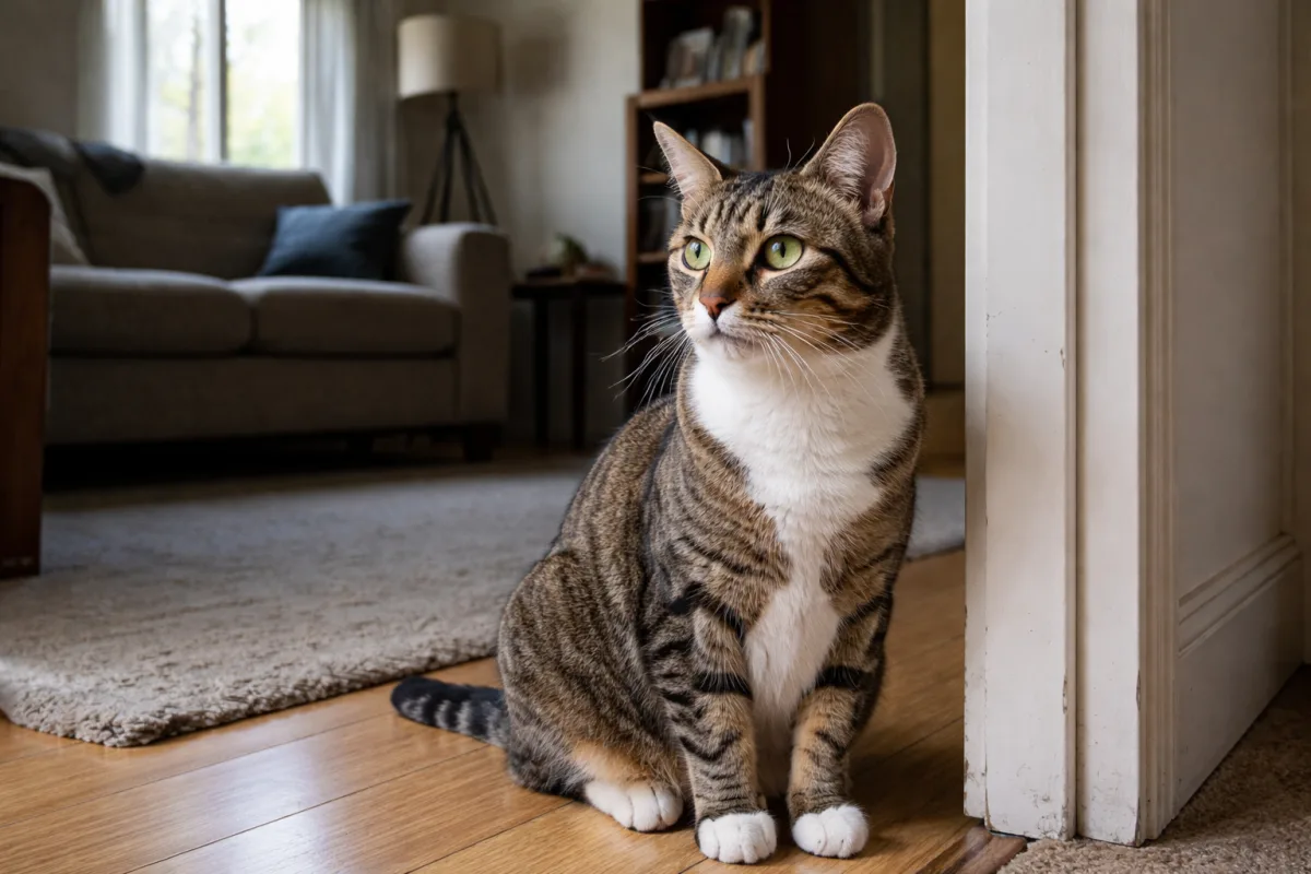 Cat listening intently near a quiet room