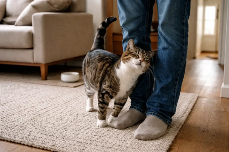 Cat rubbing against a person’s leg