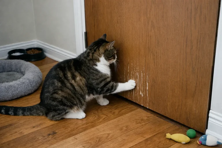 Cat scratching a closed wooden door