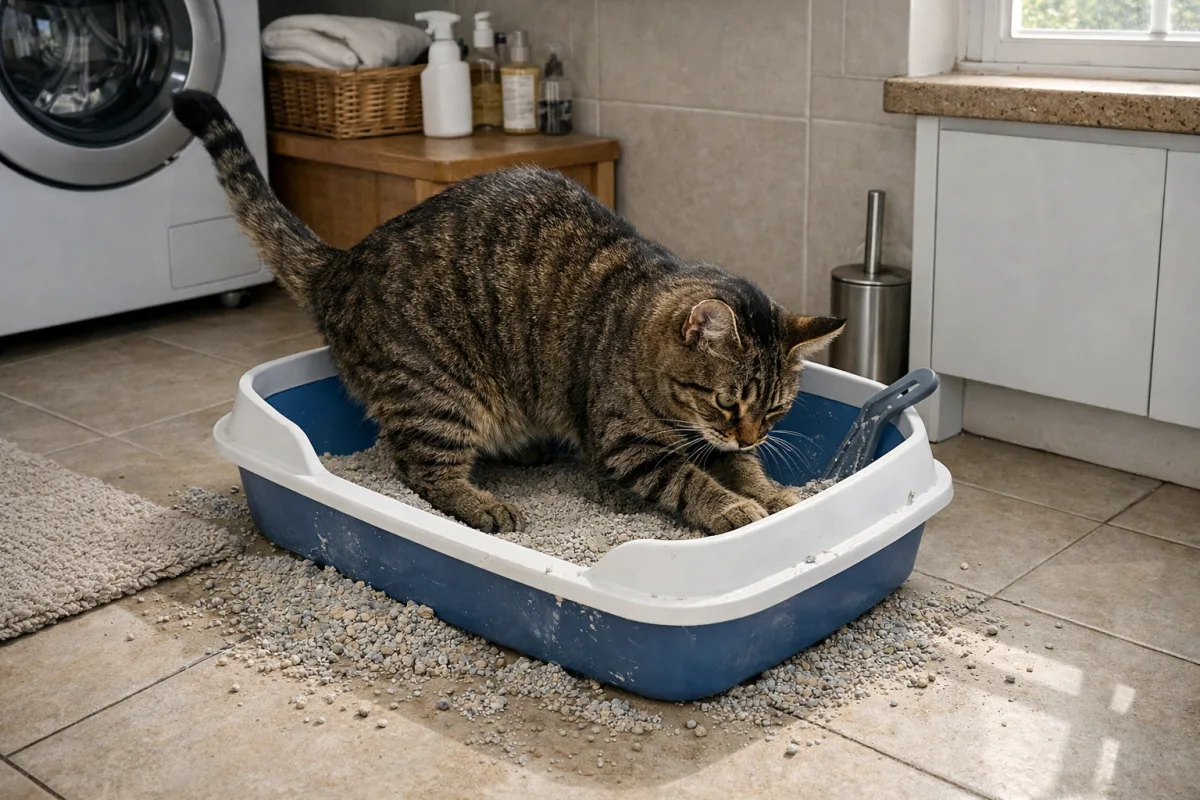 Cat scratching litter box