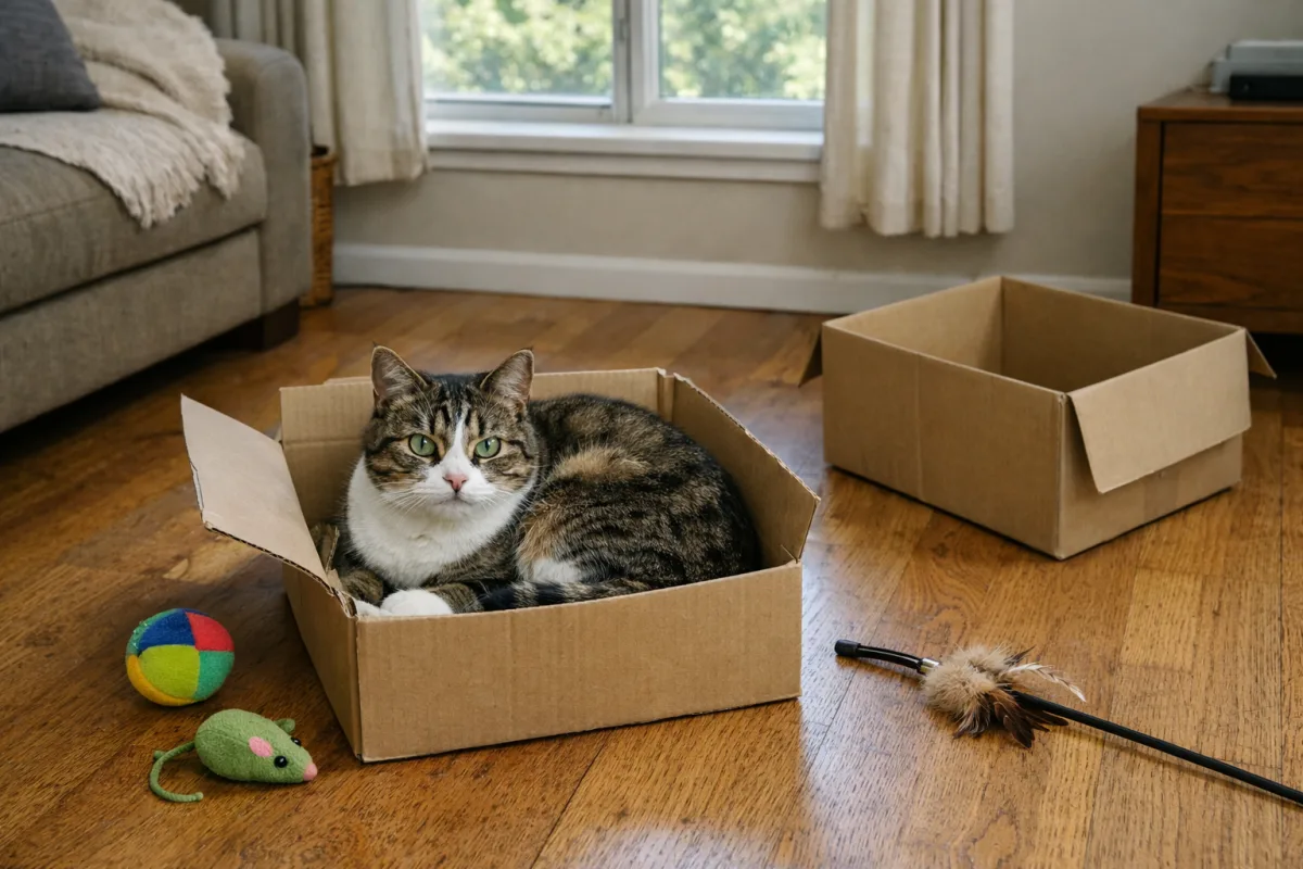 Cat resting inside a cardboard box