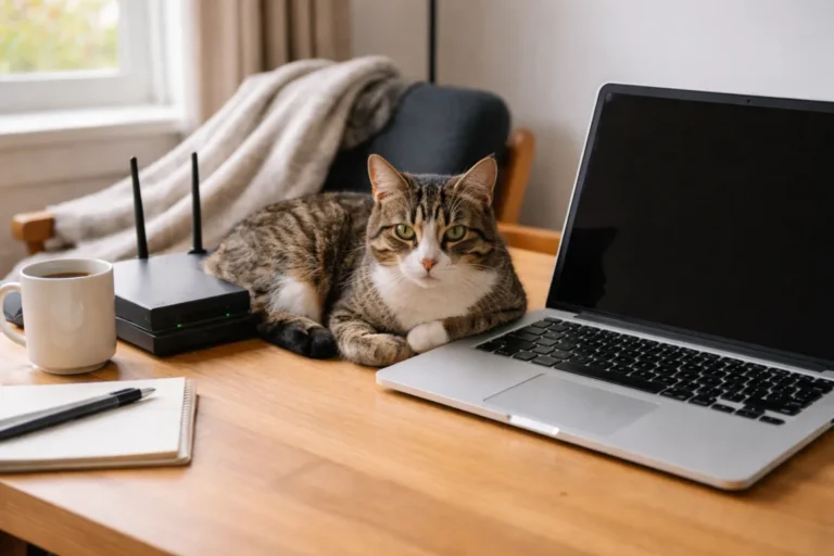 Cat resting beside a warm laptop and router
