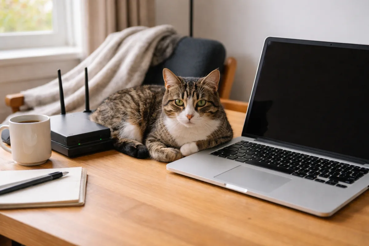 Cat resting beside a warm laptop and router