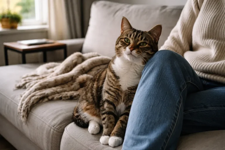 Cat resting beside owner on a sofa