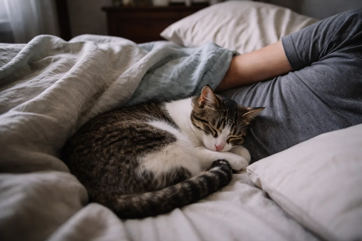 Cat sleeping beside a person in bed