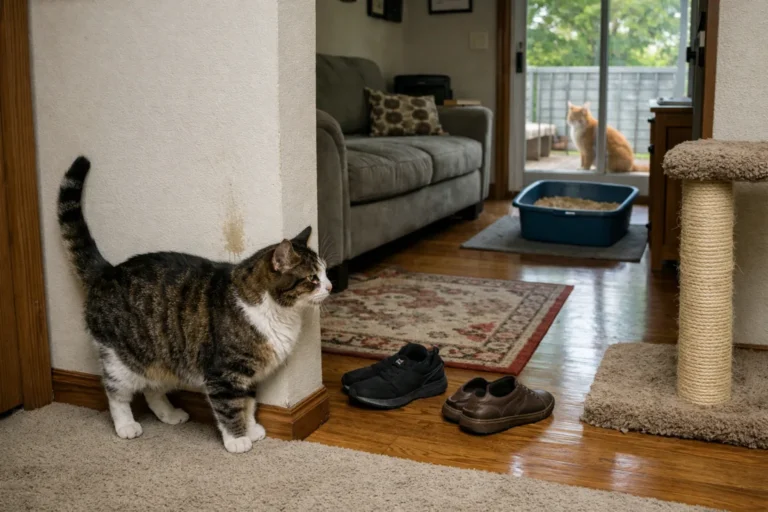 Cat spraying near a doorway indoors