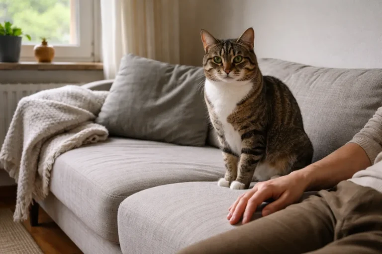 Cat resting nearby but avoiding a hand