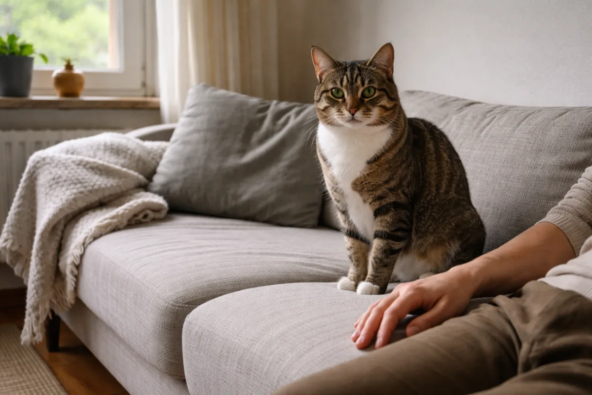 Cat resting nearby but avoiding a hand