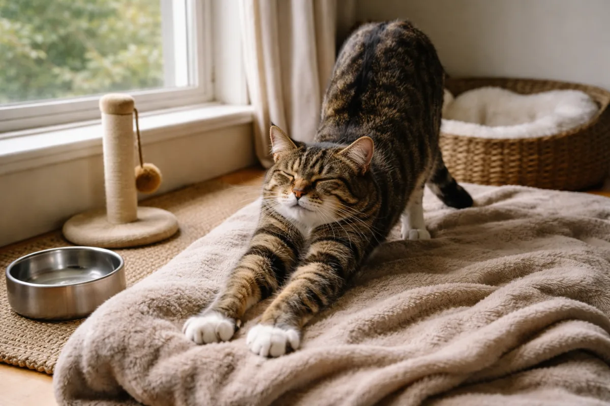 Cat stretching after a nap