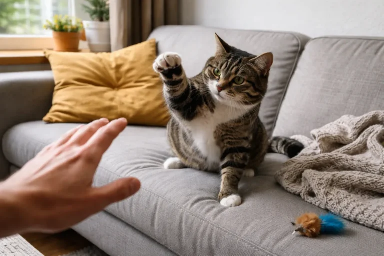 Cat swatting a hand near a couch