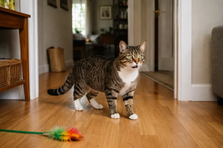 Cat pausing after a quick burst of play