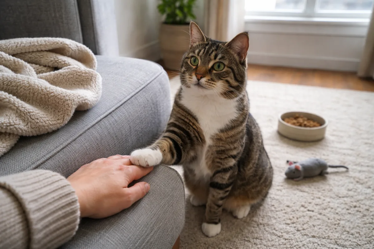 Cat paw resting on a human hand