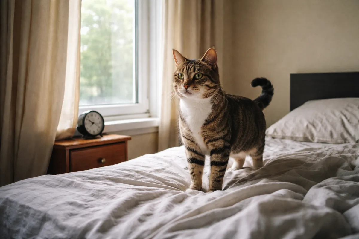 Cat waking up beside a bedroom window at dawn