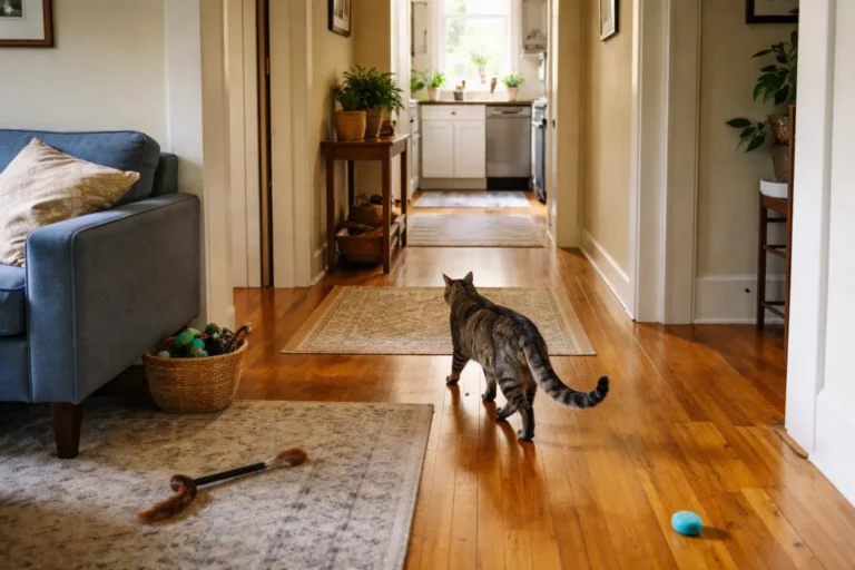 Cat pacing through a quiet home