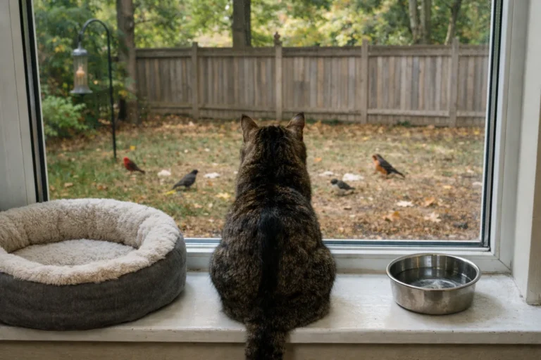 Cat watching birds through a window