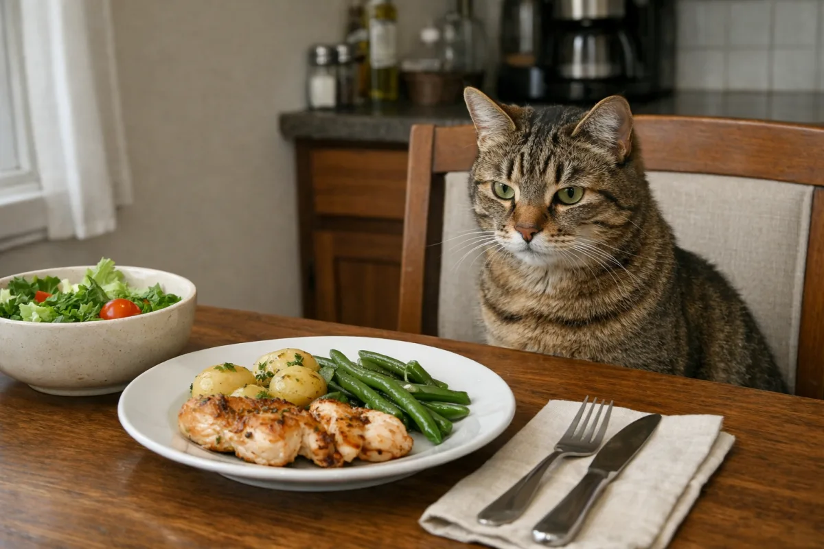 Cat watching a meal from beside the table