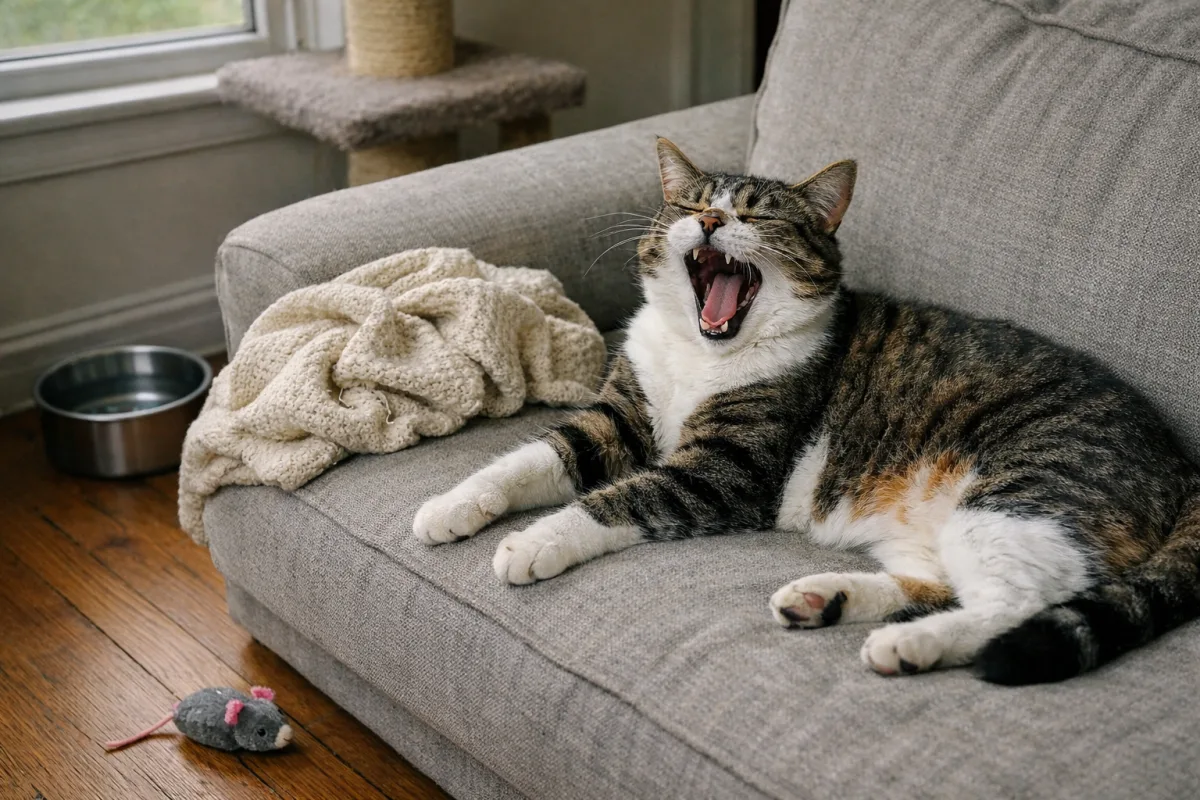 Cat yawning on a cozy sofa