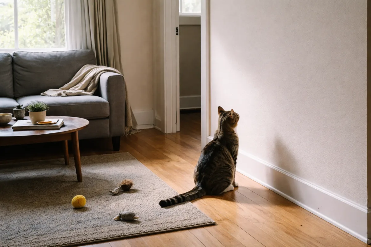 Cat staring at a blank wall near a window